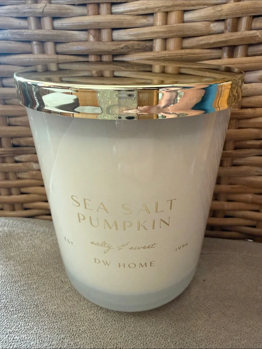 DW Home Sea Salt Pumpkin Candle - White Glass with Gold Lid